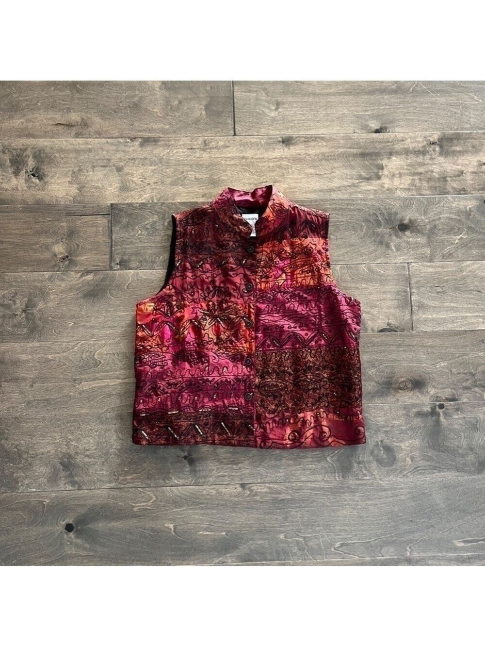 Chicos Red and Burgundy Embroidered Vest Size 1